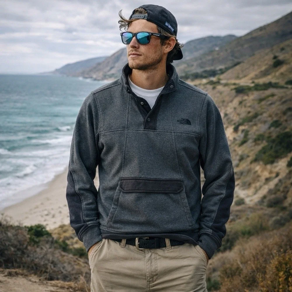 The North Face Men's Snap Fleece‎ Pullover Medium Gray Black Quarter Snap Jacket